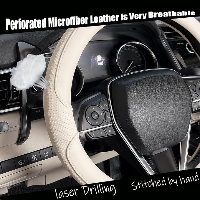 D Shaped Steering Wheel Cover, Flat Bottom Car Wheel Cover 14 1/2-15 inch (37-39 cm), Non-Folding Packaging, Microfiber Leather, Black and Light Creamy White