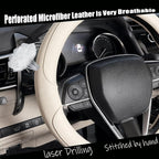 D Shaped Steering Wheel Cover, Flat Bottom Car Wheel Cover 14 1/2-15 inch (37-39 cm), Non-Folding Packaging, Microfiber Leather, Black and Light Creamy White