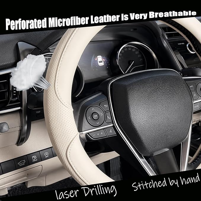 Steering Wheel Cover Universal Standard Size 14.5-15 inch, Non-Folding Packaging, Microfiber Leather, Anti-Slip, Soft Grip, Fits Most Cars SUVs Trucks, Light Creamy White