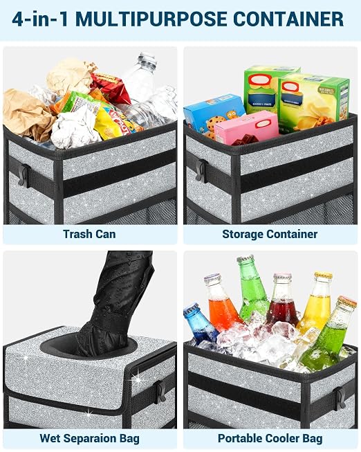 Car Trash Can with Lid, Leakproof Car Trash Bag Hanging Waterproof Automotive Garbage Can with Storage Pockets Mini Vehicle Trash Bin for Back/Front Seat(Silver Glitter,2.5 Gallon)