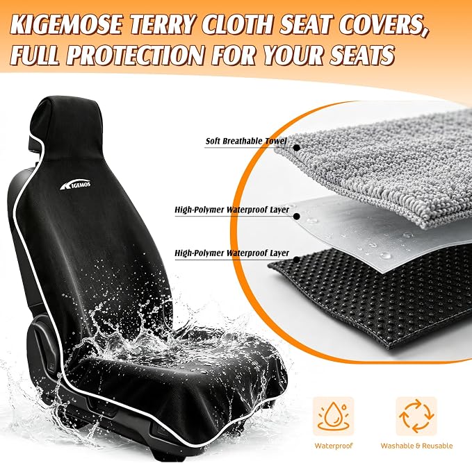 2 Pack Towel Car Seat Covers, Waterproof Washable Front Seat Protectors with Soft Terry Cloth, Non-Slip Backing, Universal Fit for Cars SUVs Trucks,Gym,Beach,Pets, Kids,Road Trips (Black)