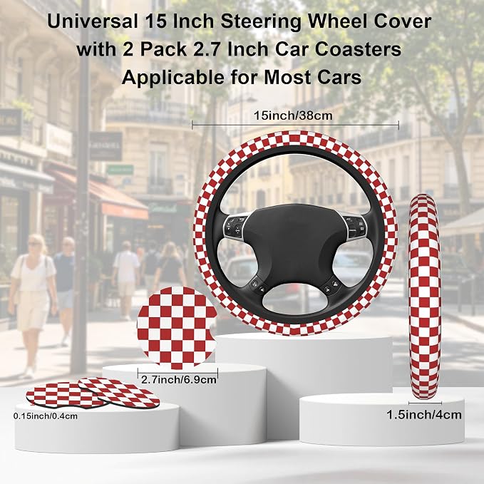 Checkered Steering Wheel Cover,Red White Checkered Universal 15" Elastic Car Steering Wheel Cover with 2 PCS Car Coasters,Anti-Slip Breathable Accessories for Auto,SUVs,Truck