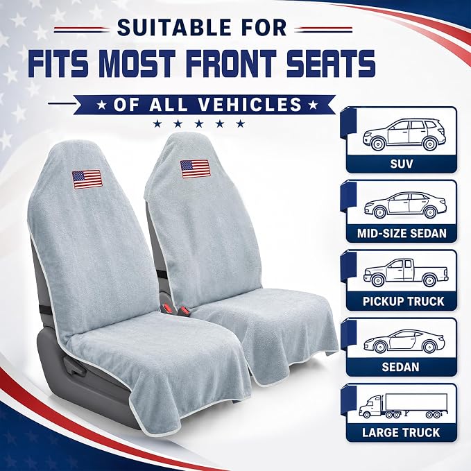 Car Seat Towel Cover, Sweat-Proof & Absorbent Microfiber Seat Protector for Gym, Workout & Beach, Universal Fit for Most Cars, SUVs & Trucks, 59"x29", Silver Gray Flag (2-Pack)
