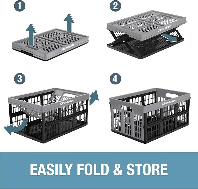 Collapsible Utility Crates - Red 1pck 45L / 11 Gal holds 66 lbs - Stackable Containers Heavy Duty Capacity Crates Space-Saving Baskets
