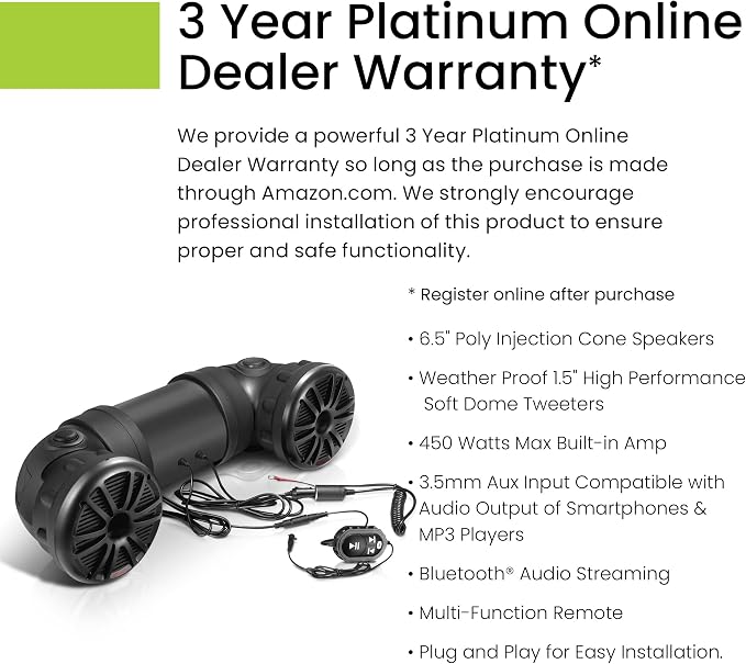 ATV25B ATV UTV Sound System - 6.5 Inch Speakers, 1.5 Inch Tweeters, Full Range, IPX5 Weatherproof, Bluetooth Remote, Built-in Amplifier, Golf Cart Compatible