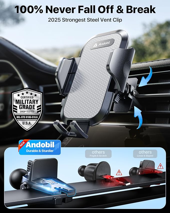 Car Phone Holder, 2026 Military-Grade 89lbs Strongest Suction Phone Holders for Your Car Dashboard/Windshield/Vent Easy Clamp Cellphone Holder Truck Stand for iPhone 17 16 15 Pro Samsung Grey