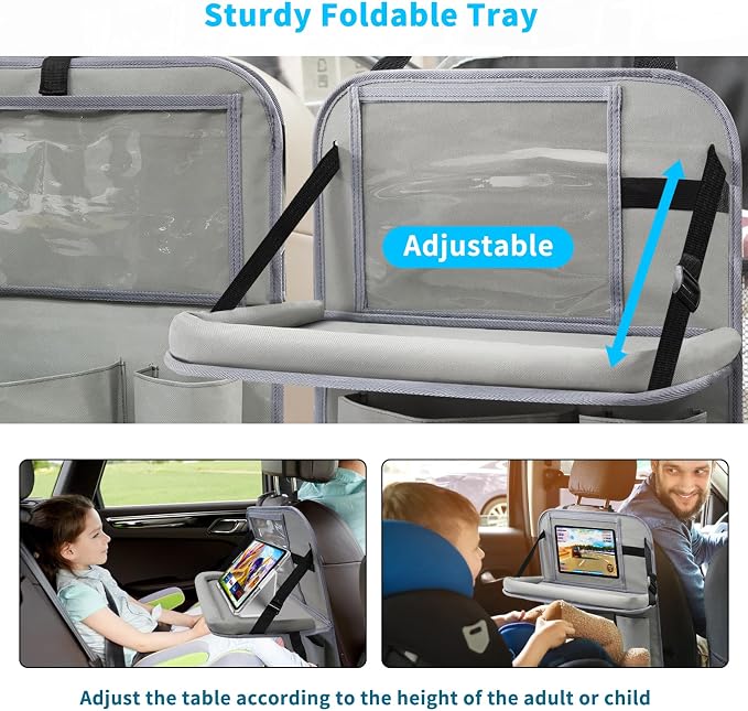 Car Backseat Organizer with Tablet Holder, 6 Storage Pockets Foldable Table Food Tray Seat Back Protectors Kick Mats Travel Accessories, 2 Pack Grey