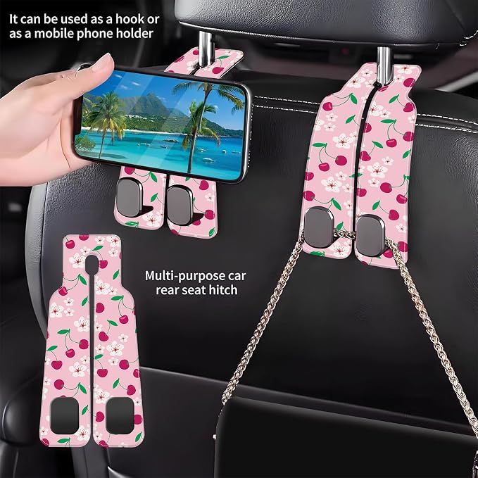 Car Headrest Purse Hanger Cute Floral and Pink Cherries 1 Pack Bag Purse Holder for Car Premium Leather Double Metal Hook for Handbags, Grocery Bags and Phones