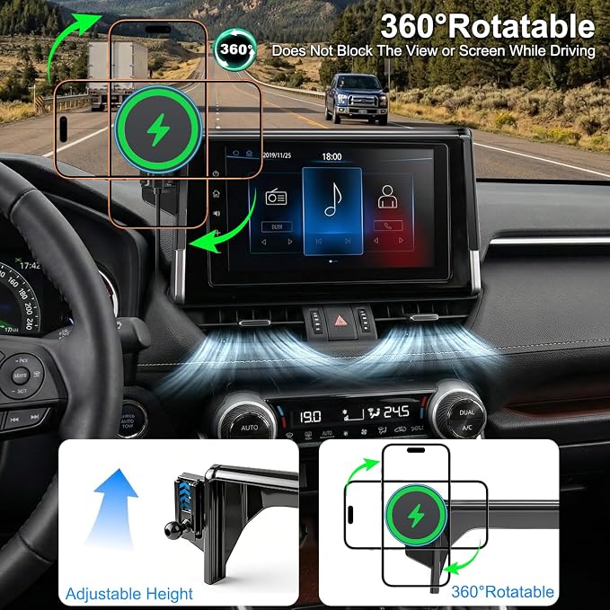 for MagSafe Car Mount Charger, Car Phone Mount for Toyota RAV4 2019–2025 7/8-Inch Screen [15W Wireless Charging], OEM-Style Fit, 360° Rotation Phone Holder Compatible with MagSafe, No Vent Blocking