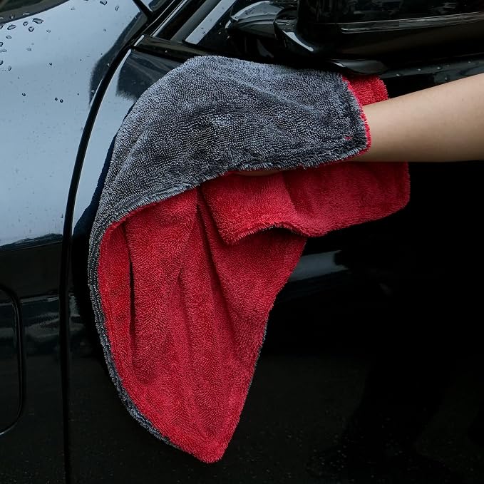 1000GSM Car Drying Towel 18"x24", Edgeless Double Twist Pile, Ultra Absorbent Microfiber Towel, Scratch-Free Lint-Free Streak-Free for Auto Detailing & Car Wash – Red&Grey