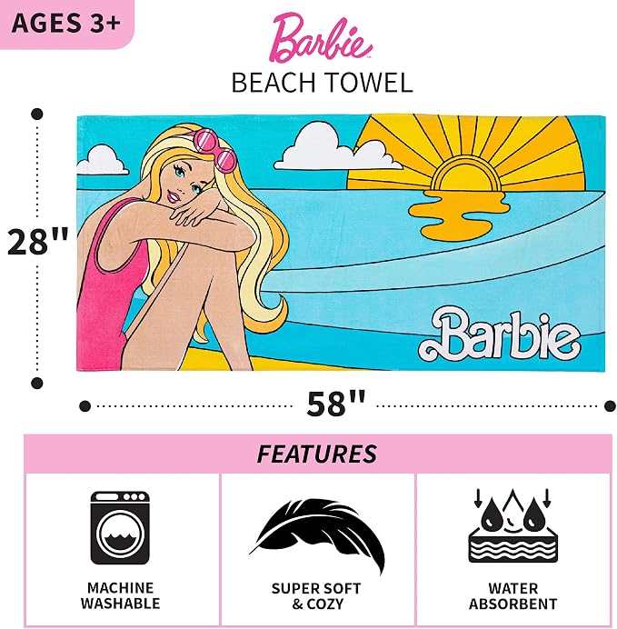 Barbie Super Soft Cotton Bath/Pool/Beach Towel, Barbiecore 58 in x 28 in, (Official Barbie Product) By