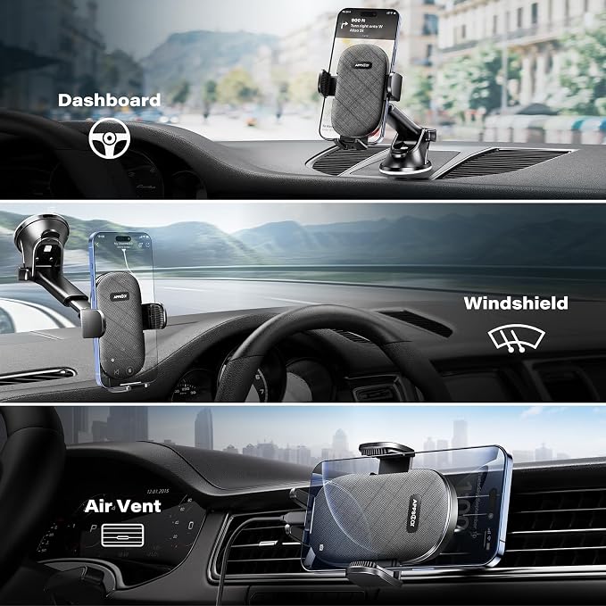 Car Phone Holder Mount, Strong Suction Dashboard & Windshield Phone Holder for Car, Hands-Free, Compatible with iPhone Samsung All Phones, Ideal for Delivery & Uber Drivers, Fleet Vehicles