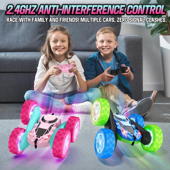 Pink Remote Control Car for Girls, Double Sided with Shining Headlights & Wheel Lights, Girl Princess Toys, Rechargeable Toy Car for 6-7 6-8 9 10-12 Year Old Girls Birthday, Valentines Gift