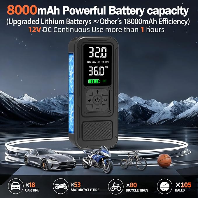 Y34 Tire Inflator Portable Air Compressor,4X Faster Inflation,8000mAh Cordless/12V DC 150PSI Air Pump with Digital Pressure Gauge for Car,Motorcycle,Bike,Ball Gifts for Him