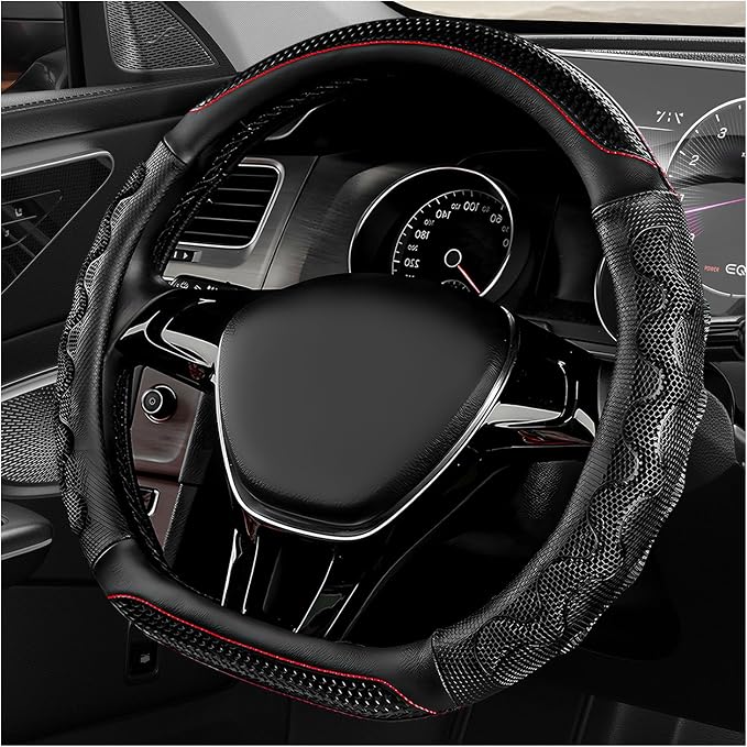 D-Shaped Steering Wheel Cover, Leather Car Wheel Protector with 3D Honeycomb Anti-Slip Design, Universal Breathable Comfy Cover Fits 14.5-15 Inch Steering Wheels, Car Accessories (Black)