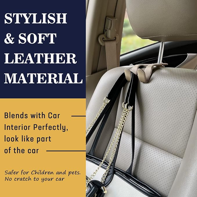 Upgraded Headrest Hooks for Purses and Bags, 2 in 1 Car Back Seat Head Rest Hanger Matching Cars Interior Genuine Leather Vehicle Storage Holder Hook, 2 Pack, Beige