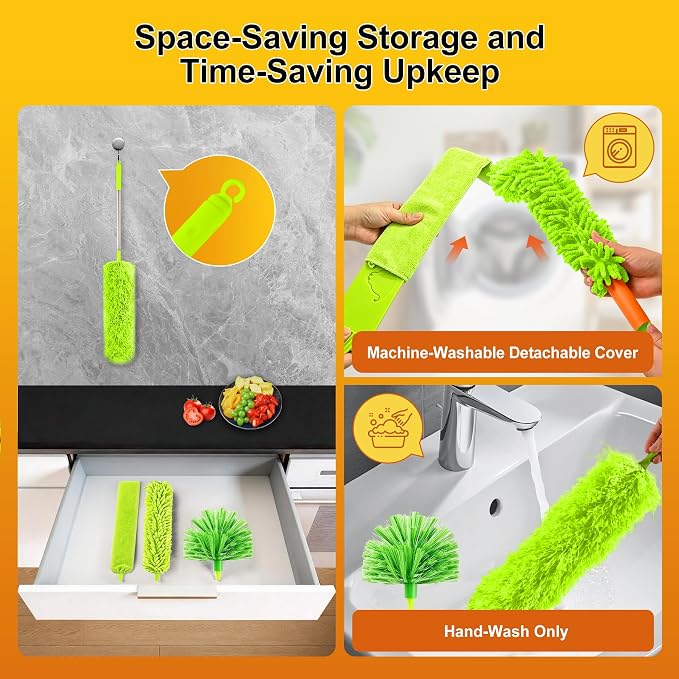 Duster with Extension Pole 100 inch Extendable Reusable Dusters for Cleaning 5-in-1 Anti-Spin Dusting Kits for High Ceiling Fans, Cobwebs & Vents, Reinforced Stainless Steel Telescopic Handle