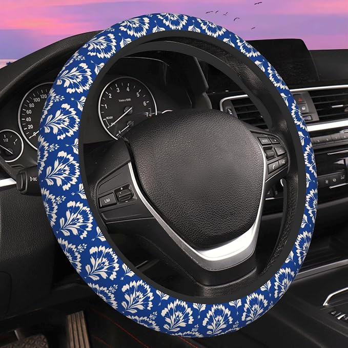 Blue Damask Flower Steering Wheel Cover for Women Men Neoprene Breathable Wheel Cover Protector Anti-Slip Car Accessories Universal 15 Inch Fit for Cars Trucks Vehicles