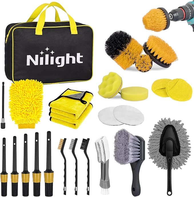 27PCS Car Detailing Kit Auto Cleaning Tools Wash Set with Storage Carry Bag Home Use for Interior Exterior Deep Clean Polish Car Care Windshield Dashboard Seat Air Vents Wheels Tires, Yellow