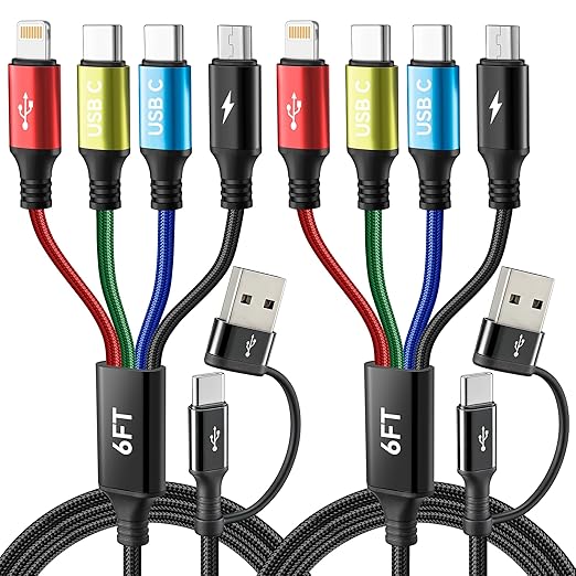Dual USB-C 4 in 2 Multiple Charging Cable for All Devices with USBC/Lightning/Micro Ports,Type C Cable iPhone Charger Cord,Travel Car Charger for iPhone Series,Android,iPad,Kindle,PS - 2Pack/6Ft