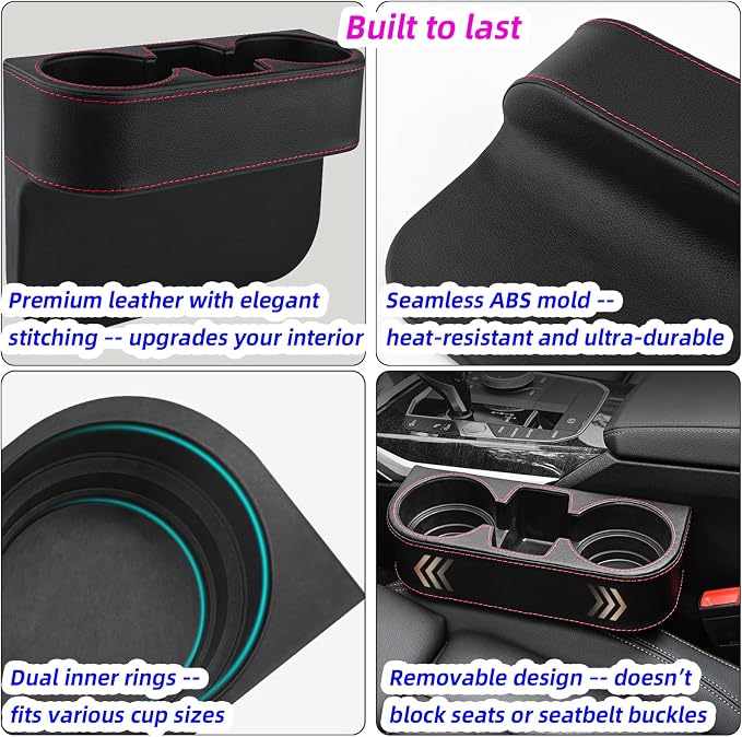 Car Cup Holder Expander & Seat Gap Filler - PU Leather Cover with Stitching, Multifunctional Front Seat Organizer, for Car Truck Van, Holds Large Cups and Phones,Prevent Dropping Items (1 Pack, Gray)