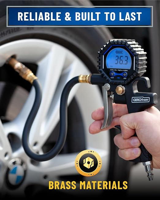 GERCHWAY Digital Tire Pressure Gauge with Inflator (3-200 PSI), Heavy Duty Air Chuck and Compressor Accessories with Swivel Air Chuck, Longer Hose, Large Display (0.1 Res)