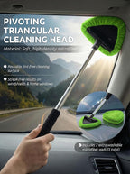 Window & Windshield Cleaner, Extendable, 3 Microfiber Pads (Green) | Pivoting Triangle Head Wiper Cleans Interior & Exterior Glass, 3 Washable Reusable Bonnets, Lint-Free