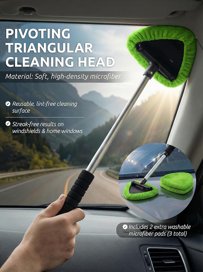 Window & Windshield Cleaner, Extendable, 3 Microfiber Pads (Green) | Pivoting Triangle Head Wiper Cleans Interior & Exterior Glass, 3 Washable Reusable Bonnets, Lint-Free