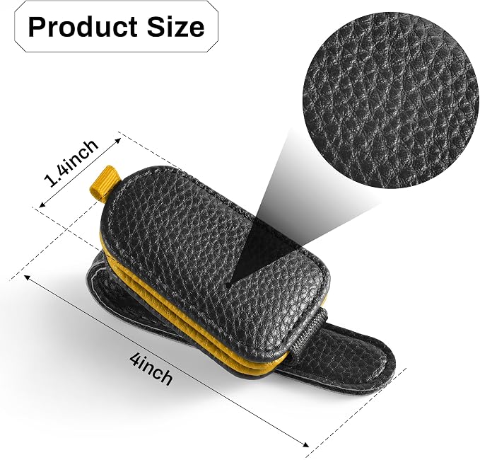 Sunglasses Holder for Car, Leather Magnetic Buckle Sun Visor Sunglass Clip, Ticket Card Storage Glasses Clip, Car Interior Accessories for Men and Women（2PCS Black-Yellow）