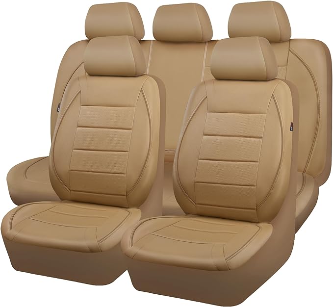 Piping Leather Seat Cover,Universal FIT with Composite Sponge Inside,Airbag Compatible and Reserved Opening Holes,Inside zipper for Cars,Sedan,SUV,Truck(Full Set,Beige with Tan Piping-Stripe)