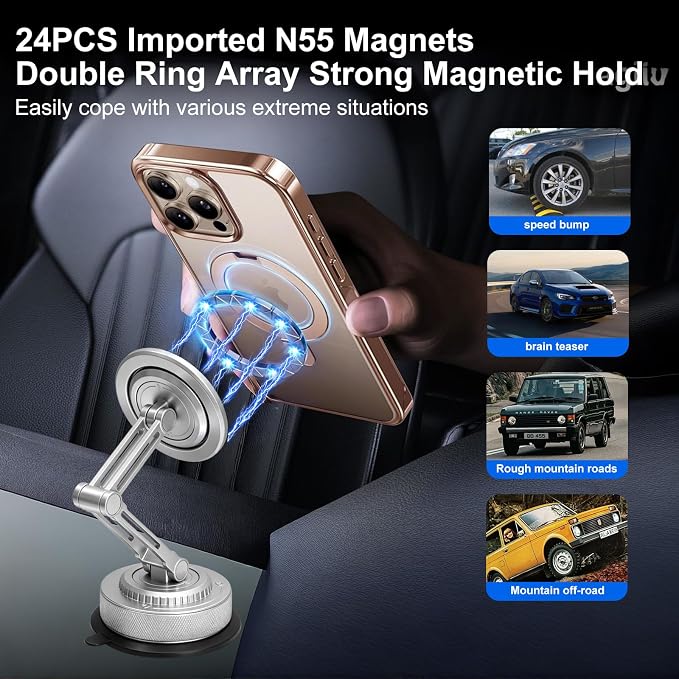 All-Metal Alloy Long Arm Magnetic Suction Cup Car Phone Mount(Silver) | Strong Powerful Magnetic Heavy-Duty Windshield Dash 360° Mechanical Rotation Cell Mobile Phone Vehicle Bracket for All Cars