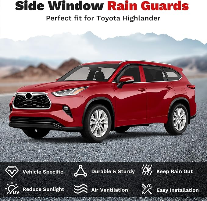Highlander Rain Guards - Window Visors for Toyota Highlander 2020-2025 2026, Outside-Mount Tape-On Side Window Wind Deflectors for Highlander Accessories, Vent Visors Shades Rainproof 4PCS
