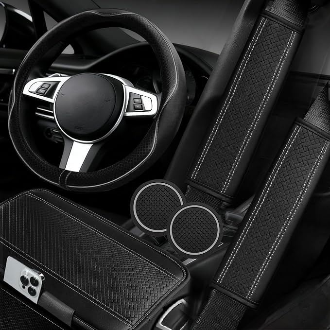 6 PCS Car Steering Wheel Cover Set, Microfiber Leather Steering Wheel Covers Universal 14.5-15 inch, Center Console Cover, Seat Belt Cushion, Cup Coaster, Car Accessories Set Black Grey