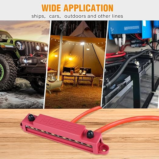 Power Distribution Block Bus Bar, 6 x 3/8" Posts, 10 x #8 Screws Terminals, Max 48V 250A (Pair, Red & Black)