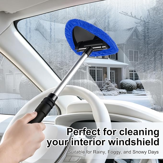 Windshield Cleaner Tool, Car Interior and Exterior Window Cleaning Kit with Extendable Handle & 4 Reusable Microfiber Pads, Auto Glass Wiper Brush Kit for Car & Home Windows (Blue)