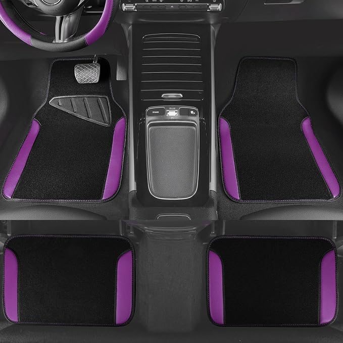 Faux Leather Steering Wheel Cover and Waterproof Car Floor Mats,Universal Car Combo Fit for 95% Sedan,SUV,Cars,14.5-15inch Sporty Anti-Slip Safety Comfortable Design(Black＆Purple)