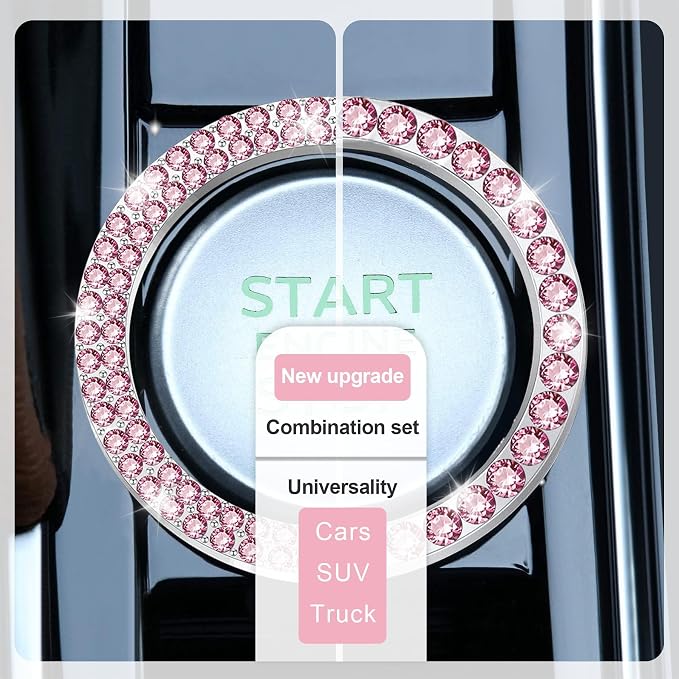2 PCS Crystal Combinatorial Rhinestone Car Engine Start Decoration Ring, Push to Start Button Cover Sticker, Bling Car Interior Accessories for Women, Automotive Decals, Pink