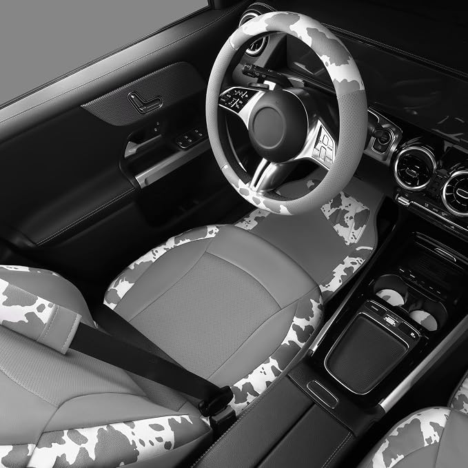 Cow Print Faux Leather Car Seat Covers & Cow Car Mats & Cow Steering Wheel Cover Seat Belt Pads Universal fit for SUV,Van,Saden,Truck Cute Car Accessories Automobile Interior Sets All Gray
