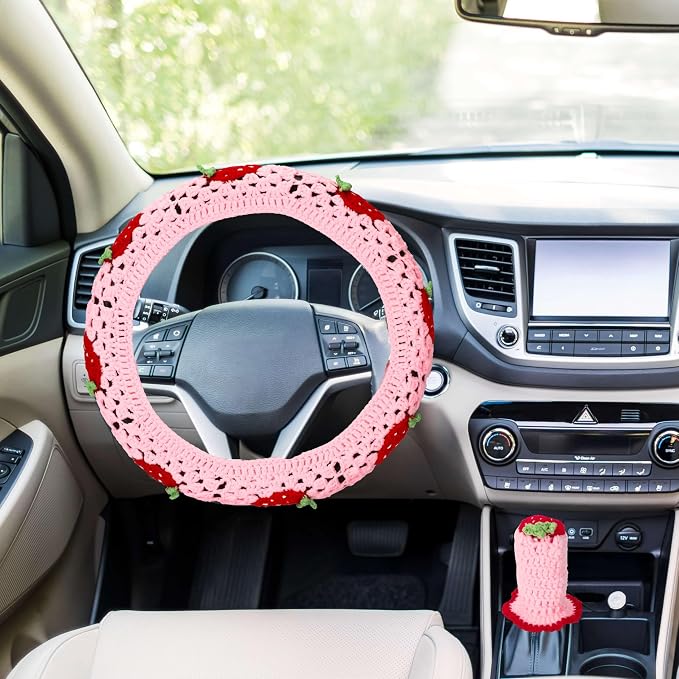 Crochet Steering Wheel Cover Set,Cute Car Steering Wheel Cover Boho 14-15in,Pink Strawberry Granny Square Pattern,Women Car Accessories (Pink (Steering+Shift Knob) Cover)