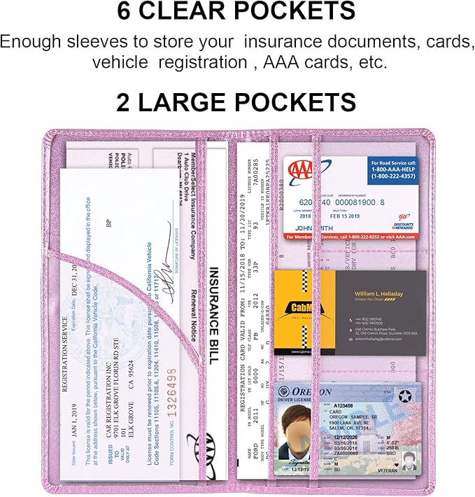 Car Registration and Insurance Holder, Car Accessories Vehicle Glove Box Car Organizer Men Women Wallet Case with Magnetic Shut for Cards, Essential Document, Driver License, Bling Pink