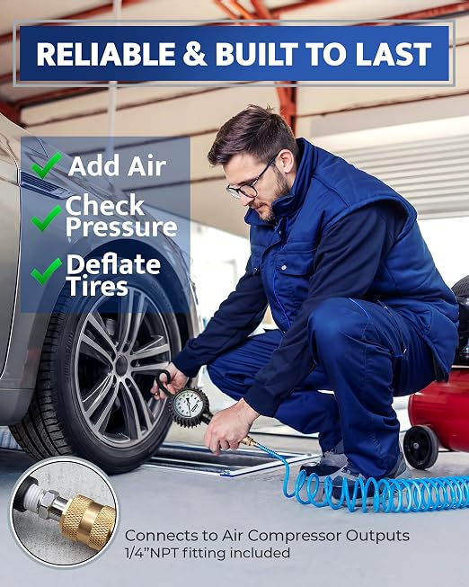 Tire Inflator with Pressure Gauge and Longer Hose - Most Accurate, Heavy Duty Air Chuck with Gauge for Air Compressor Tire Inflator Attachment - 100PSI