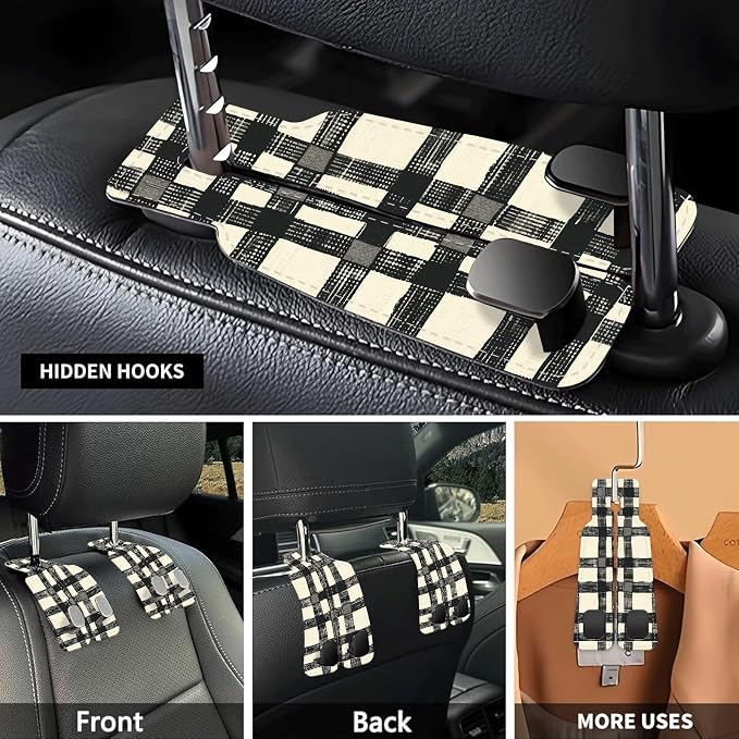 Car Seat Headrest Hook, Universal Leather Cute Hanger Holder Hook, Storage Organizer Interior Accessories for Purse Bags Handbag Black White Plaid