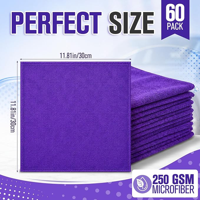 Microfiber Cleaning Cloths for Cars Ultra Absorbent Car Towels Drying Reusable Cleaning Supplies House Kitchen Window Microfiber Towel (12 x 12 Inch, Purple, 60 Pcs)