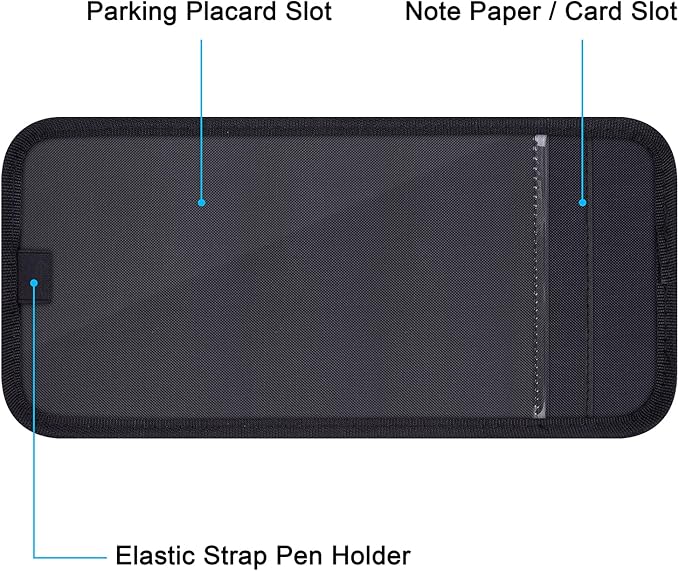 Handicap Placard Holder for Auto, Disabled Parking Permit Sign Protector for Car Sun Visor with Note Paper Slot, Pen Holder and Elastic Strap - Black
