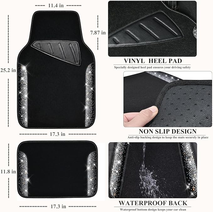 Bling Car Mats Shining Diamond Carpet Crystal Rhinestone Sparkly Glitter Floor Mats with Anti-Slip PVC Pad Universal Fit Automotive SUV,Sedan,Van,4pcs for Girl Women, Black Sliver Diamond