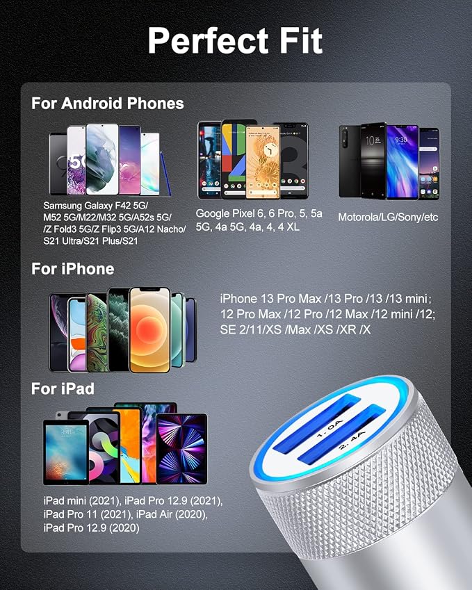 Car Charger, 3.4a Portable Dual Port 12V USB Cargador Carro Lighter Adapter | Cig Socket Adapter for iPhone 17e 17 16E 16 15 14 13 Pro Max Plus, iPad, Tablet, Samsung Galaxy Cigarette Auto Charge