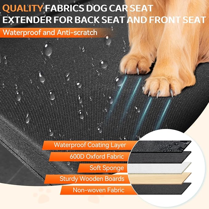 Car Seat Extender for Dogs, Backseat & Frontseat Extender for Large Dog up to 200 LBS, Foldable Seat Gap Filler for Most Cars with Detachable Lid