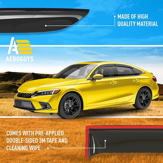 Extra Durable Window Deflectors Tape-On Window Visors Rain Guards Fit for Honda Civic 2022-2026 Sedan, Sun Visors, Wind Vent for Shades, Exterior Car Accessories - 4pcs. AG0959