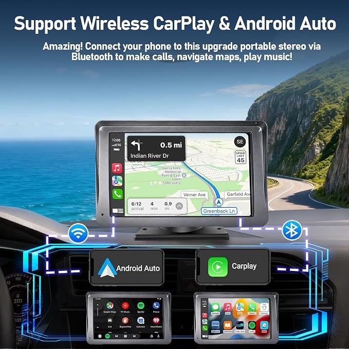 Portable Wireless Radio with Apple CarPlay and Android Auto Screen for Car, 7 Inch Anti-Glare Touchscreen Radio with Bluetooth Hands-Free/Navigation/Voice Control/AHD Backup Camera, for All Vehicles