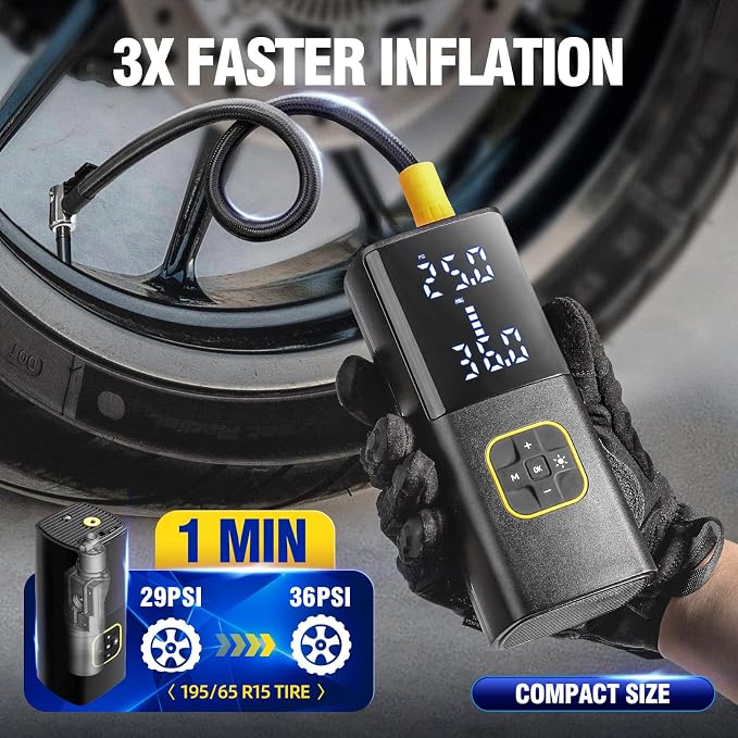 Rechargeable Tire Inflator Portable Air Compressor for Car Tires, 150PSI Battery Powered Cordless Air Pump with Digital Pressure Gauge & Auto Shutoff for Bike Motorcycle E-Bike Ball